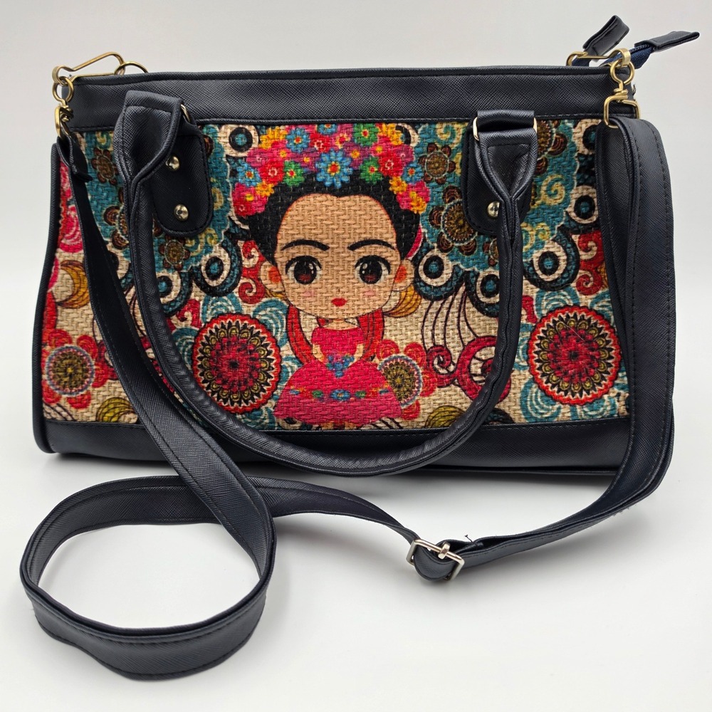 Frida Kahlo Woven Tapestry Satchel Bag Navy Blue Faux Leather Crossbody Handbag